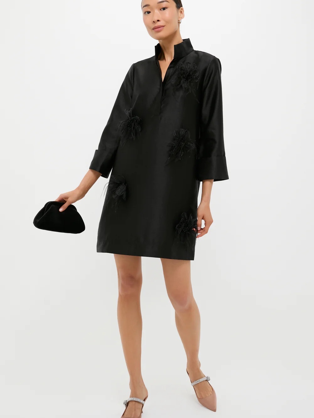 Tuckernuck Black Satin Mini Dress with Feather Floral Appliqués